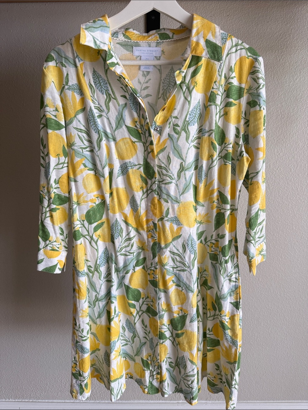 Martha Stewart Collection Lemon Print Linen Blend Midi Shirt Dress S